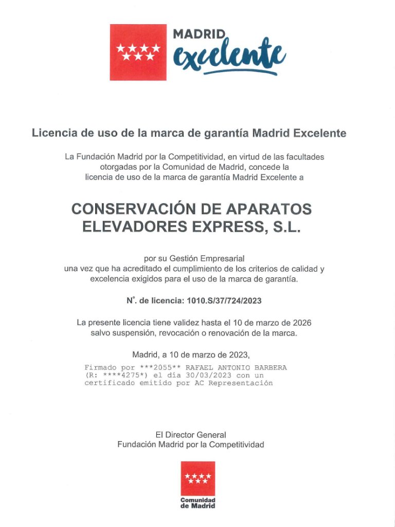 Certificado Madrid Excelente