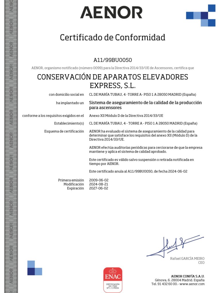 Certificado de Conformidad con la Directiva de ascensores