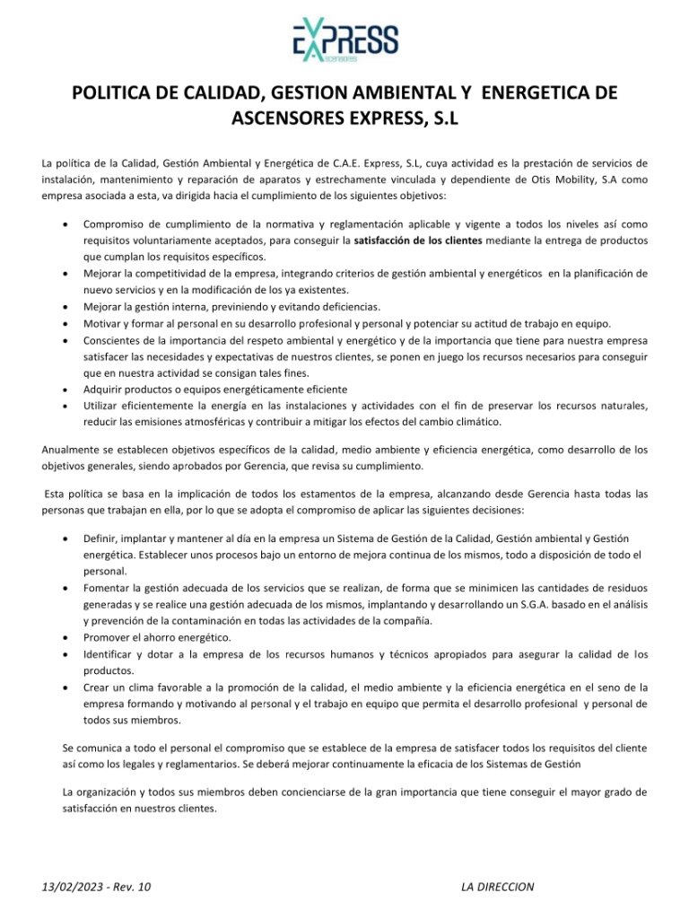 Política de Calidad, Gestión Ambiental y energética de Ascensores Express, S.L 